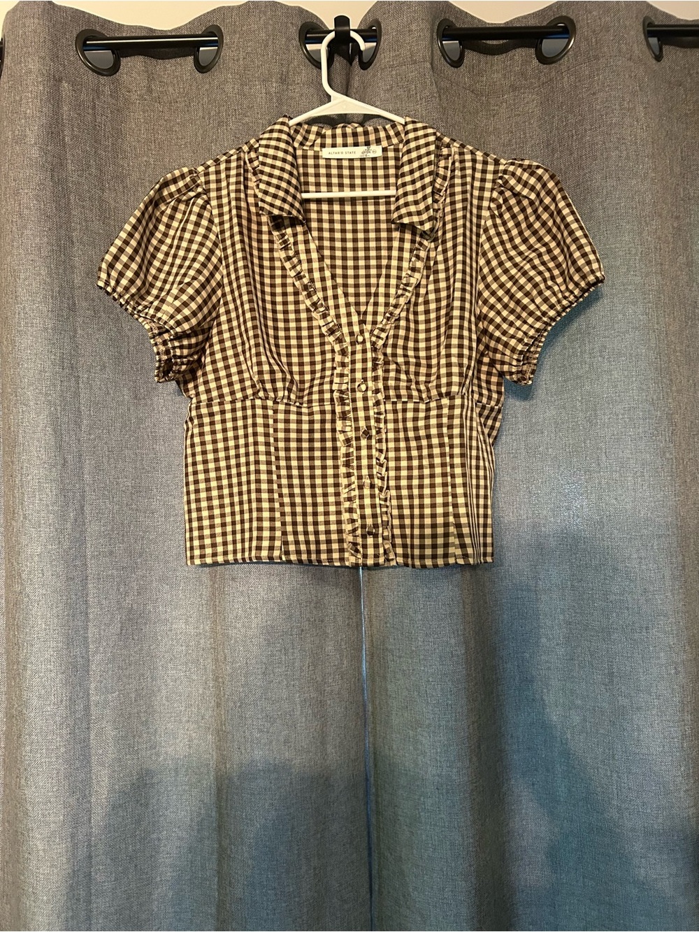 Altar'd State Brown & White Gingham Ruffle Crop Top